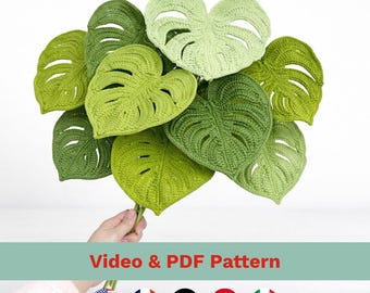 Schema PDF per realizzare una foglia di Monstera all'uncinetto con video tutorial, ideale per principianti che desiderano decorare le proprie piante.
