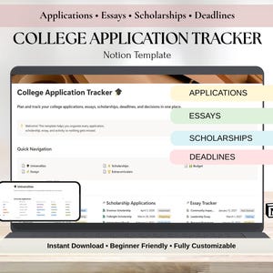May include: A digital college application tracker Notion template displayed on a laptop screen and a smartphone. The interface features sections for applications, essays, scholarships, and deadlines with a quick navigation menu and organized lists.