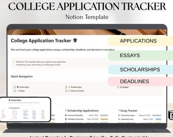 May include: A digital college application tracker Notion template displayed on a laptop screen and a smartphone. The interface features sections for applications, essays, scholarships, and deadlines with a quick navigation menu and organized lists.