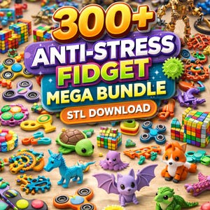 Può includere: Una collezione di giocattoli antistress colorati, tra cui spinner, cubi e figure di animali, circonda un cartello con la scritta "300+ ANTI-STRESS FIDGET MEGA BUNDLE STL DOWNLOAD". I giocattoli sono di varie forme e colori.