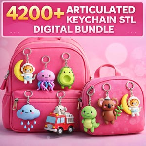 Puede incluir: Mochilas rosas adornadas con llaveros coloridos. Los llaveros incluyen un gato astronauta, una medusa, un aguacate, una nube, un camión de bomberos, una tortuga, un koala y una luna creciente con un astronauta. El texto superior dice "4200+ ARTICULATED KEYCHAIN STL DIGITAL BUNDLE."
