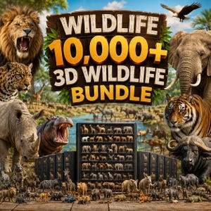 May include: A digital graphic featuring a large wooden sign with the text WILDLIFE 10,000+ 3D WILDLIFE BUNDLE, surrounded by a lion, leopard, rhino, hippo, elephant, tiger, and buffalo, with a display case of miniature animal figures below.