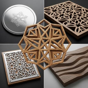 May include: A collection of decorative wooden and metal panels with intricate geometric and floral designs. Includes a silver coaster with a floral pattern, laser-cut wooden squares, and a carved wooden panel.