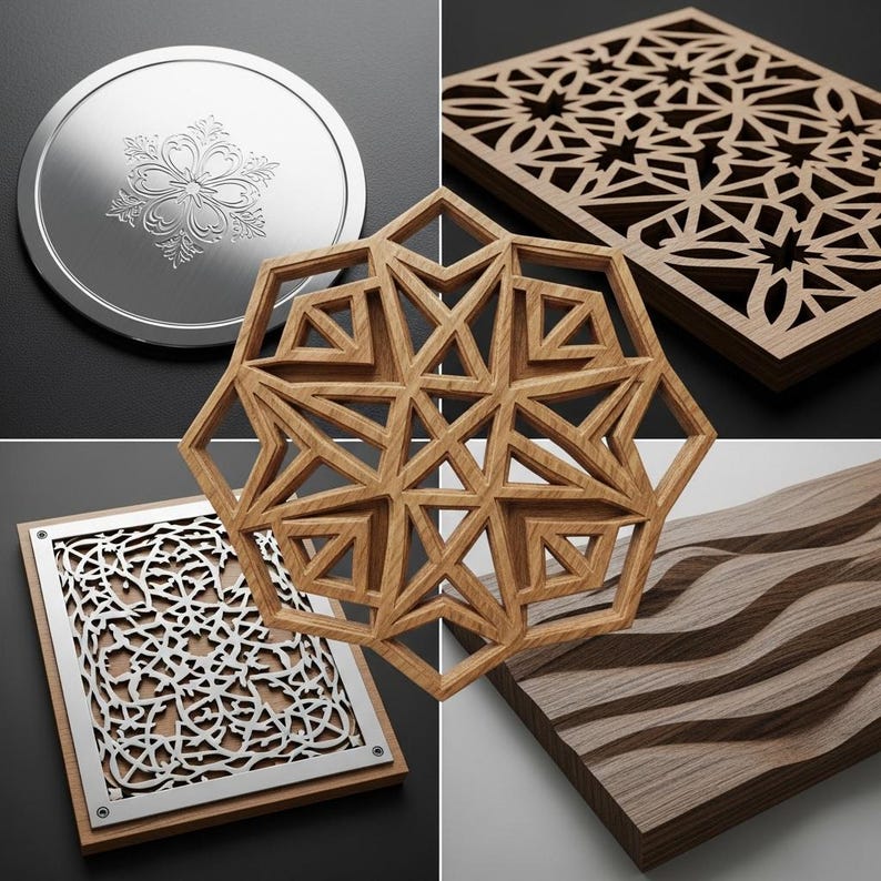 May include: A collection of decorative wooden and metal panels with intricate geometric and floral designs. Includes a silver coaster with a floral pattern, laser-cut wooden squares, and a carved wooden panel.
