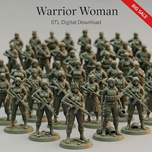 Può includere: Una collezione di figurine in miniatura di soldatesse, ognuna con un fucile. Le figure sono in varie pose e indossano uniformi militari. Il testo "Warrior Woman STL Digital Download" è visualizzato nella parte superiore dell'immagine.