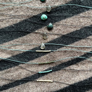 Dainty minimalist gemstone/crystal necklace for active women. Durable and tiny nylon cord. Chysocolla, Smokey Quartz, Labradorite.