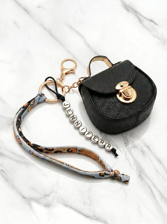 Black Leather Mini Bag Keychain, Personalized AirPods Holder, Coin Purse Charm - Boho Gift