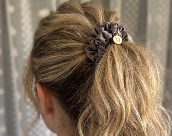 Personalized 22 Momme Mulberry Silk Scrunchie Set of 2 | Custom Initial Charm | Bridesmaid Gift | Gift for Her | Monogram Hair Tie