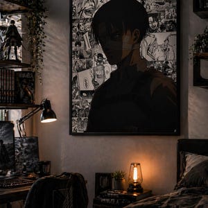 May include: A framed black and white anime art print depicting a character with a bandage across their face. The background is a collage of manga panels. The print is displayed in a bedroom setting with a desk, lamp, and other decor.