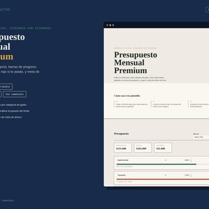 Puede incluir: Una plantilla digital de presupuesto mensual sobre un fondo azul oscuro. La plantilla presenta una interfaz de color crema con secciones para categorías de gastos, barras de progreso y metas de ahorro, incluyendo el texto Presupuesto Mensual Premium.