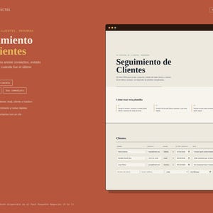 May include: A digital client tracking template displayed on a terracotta background. The interface features a header titled Seguimiento de Clientes, sections for contact status, last contact dates, and a table for managing client information.