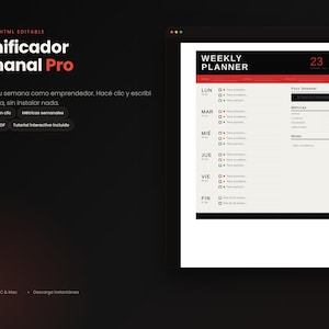 Puede incluir: Una plantilla de planificador semanal digital titulada Planificador Semanal Pro, con un diseño en negro, blanco y rojo. Incluye secciones para tareas diarias de lunes a domingo, un área de enfoque semanal, métricas y notas.