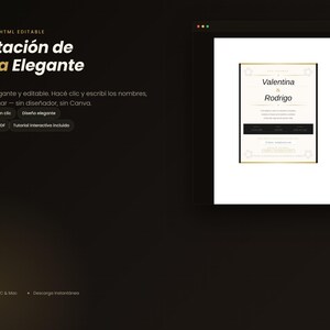 Puede incluir: Una plantilla de invitación de boda HTML editable con el texto "Valentina & Rodrigo" en un diseño negro y dorado. El diseño digital incluye un fondo blanco con bordes dorados, bloques de texto negros y acentos geométricos en las esquinas.