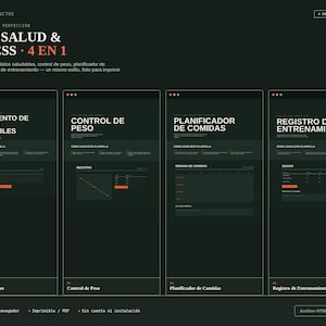 Pack Salud y Fitness 4 en 1 | Seguimiento Habitos Control de Peso Comidas Entrenamiento | Plantilla Digital