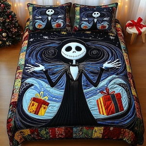 Dark Fantasy Skeleton Quilt Bedding Set Nightmare Holiday Comforter Cover Gothic Bedroom Decor Patchwork Bedspread Kids Room Gift