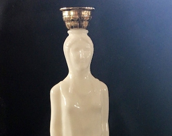 Avon White Glass Decanter - Greek Woman Holding Olive Leaf Wreath- Skin So Soft Bath Oil ~ Milk Glass ~ Grecian Figurine