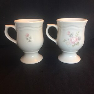 Pfaltzgraff Tea Rose Pattern ~ Set of Two (2) Handled Stem Stoneware Mugs ~ Floral ~ Pedestal Cups ~ Pink Roses- Replacement Pieces