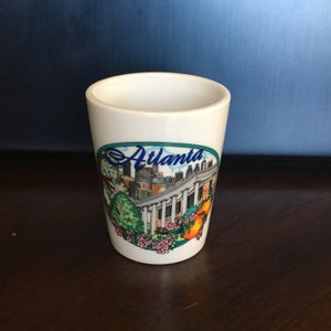 Atlanta Georgia Shotglass~ White Shotglass w/Vibrant Atlanta Illustrations~FSD Inc 1996 Souvenir Glass~
