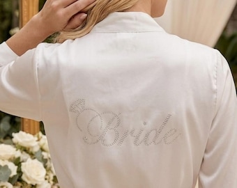 Bridal Satin Robe with Rhinestone Bride Back, Wedding Morning Kimono, Luxury Getting Ready Robe, Personalized Gift