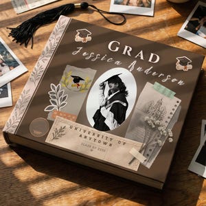 May include: A brown graduation scrapbook featuring the text GRAD, Jessica Anderson, and University of Anytown Class of 2030. The cover includes a central oval photo of a graduate, decorative stickers of graduation caps, floral elements, and a sketch.