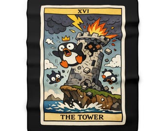 Penguin Tower Tarot Blanket – Whimsical Witchy Sherpa Fleece Throw