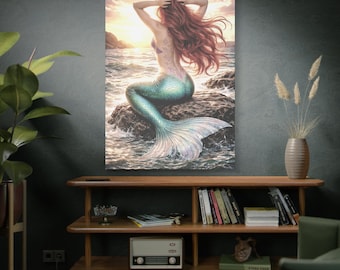 Mermaid Sunset Canvas Wall Art, Ocean Nursery Decor, Coastal Beach Print