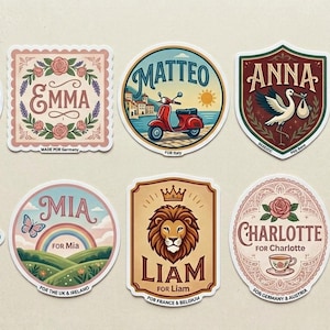 May include: A collection of colorful, illustrated stickers with names like Lucas, Emma, Matteo, Anna, Noah, Sofia, Mia, Liam, Charlotte, and Oliver. Each sticker features unique designs, including animals, landscapes, and decorative elements.