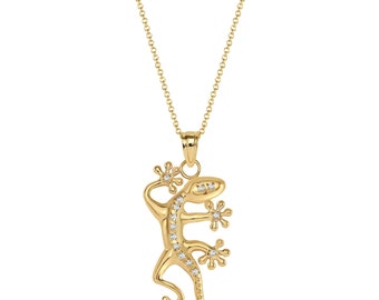 14K Gold and Diamond Lizard Necklace, Medium, Dainty Chain and Charm, Diamond, Lizard, Animal, Lover, Necklace