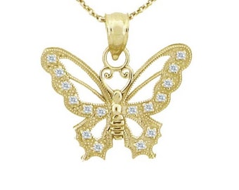 14K Gold and Diamond Butterfly Necklace, Medium, Dainty Chain and Charm, Diamond, Butterfly, Fly, Beautiful Dainty