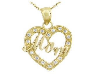 14K Gold and Diamond Heart Mom Necklace, Medium Heart, Dainty Chain and Charm, Diamond, Mom, Wife, Best Mom, Love