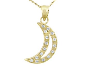 14K Gold and Diamond Moon Necklace, Small, Dainty Chain and Charm, Diamond, Moon of My Life, Moon, Love, Life