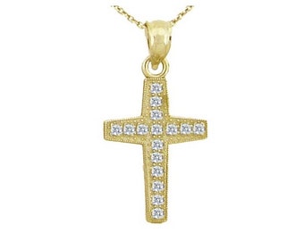 14K Gold and Diamond Cross Necklace, Medium Cross, Dainty Chain and Charm, Diamond, Gold, Gift