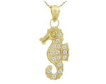 14K Gold and Diamond Seahorse Necklace, Medium, Dainty Chain and Charm, Diamond, Nautical, Mermaid, Sea Horse
