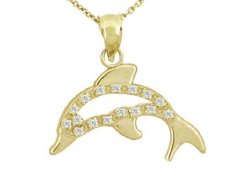 14K Gold and Diamond Dolphin Necklace, Medium, Dainty Chain and Charm, Diamond, Nautical, Mermaid, Dolphin, Sea, Life