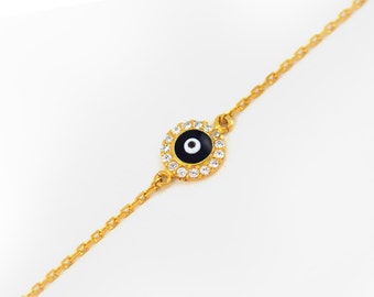 Free Domestic Shipping Round Sterling Silver Gold Color Dark Blue Evil Eye Bracelet Circle, Eye, Evil Eye, CZ, Cubic Zirconia, Gold, Blue