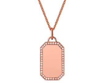 14K Rose Gold Tag with Diamonds Necklace with Free Laser Engraving, Small Tag, Dainty Chain and Charm, Diamond, Gold, Gift, Dog Tag
