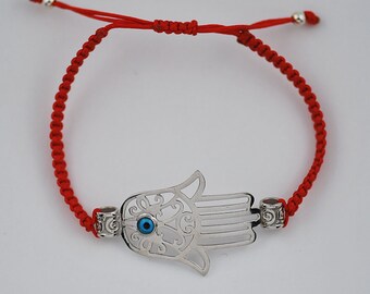 Free Domestic Shipping Sterling Silver Hamsa Evil Eye Red Chord Bracelet