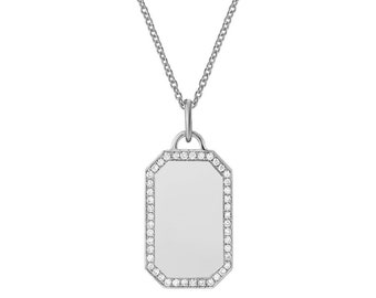 14K White Gold Tag with Diamonds Necklace with Free Laser Engraving, Small Tag, Dainty Chain and Charm, Diamond, Gold, Gift, Dog Tag