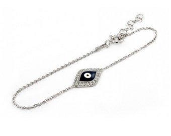 Free Domestic Shipping Sterling Silver Dark Blue Evil Eye Bracelet Dark Blue, Silver, Cubic Zirconia, CZ, Modern, Contemporary, Bracelet