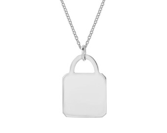 14K White Gold Lock Tag Necklace with Free Laser Engraving, Small Tag, Dainty Chain and Charm, Gold, Gift, Lock Tag