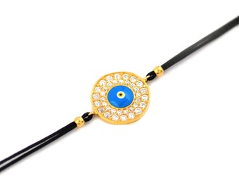 Free Domestic Shipping Sterling SIlver Gold Color Round Light Blue Evil Eye Bracelet Unique, Cubic Zirconia, CZ, Blue, Gold, Black, Bracelet