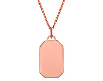 14K Rose Gold Tag Necklace with Free Laser Engraving, Small Tag, Dainty Chain and Charm, Gold, Gift, Dog Tag