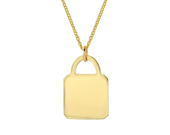 14K Yellow Gold Lock Tag Necklace with Free Laser Engraving, Small Tag, Dainty Chain and Charm, Gold, Gift, Lock Tag