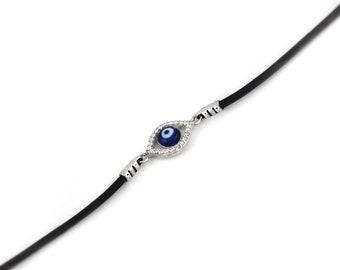 Free Domestic Shipping Sterling Silver Evil Eye Leather Chord Bracelet Leather, Silver, Evil Eye, CZ, Cubic Zirconia, Bracelet, Modern