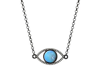 14K Gold Diamond and Real Australian Opal Evil Eye Necklace Black Rhodium Plated, Modern, Gift,Guardian, Protection