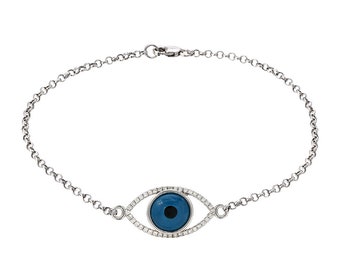 14K White Gold Diamond and Evil Eye Bracelet ,Evil Eye Bracelet Dainty Chain and Evil Eye Bead, Trendy, Modern, Diamond Bracelet