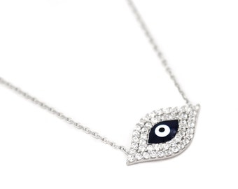 Free Domestic Shipping Sterling Silver Color Dark Blue Evil Eye Necklace Halo, Double Halo, Blue, Evil Eye, Modern, Unique, Gift, For Her