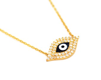 Free Domestic Shipping Sterling Silver with Gold Color Dark Blue Evil Eye Necklace Halo, Double Halo, Gold, Dark Blue, CZ, Vintage, Necklace