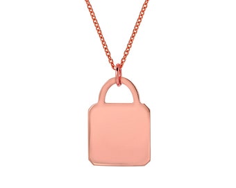 14K Rose Gold Lock Tag Necklace with Free Laser Engraving, Small Tag, Dainty Chain and Charm, Gold, Gift, Lock Tag