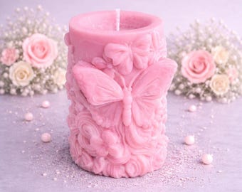 Handmade Embossed Pink Pillar Candle Butterfly | Soy Wax | Scented | MayaMaraUK